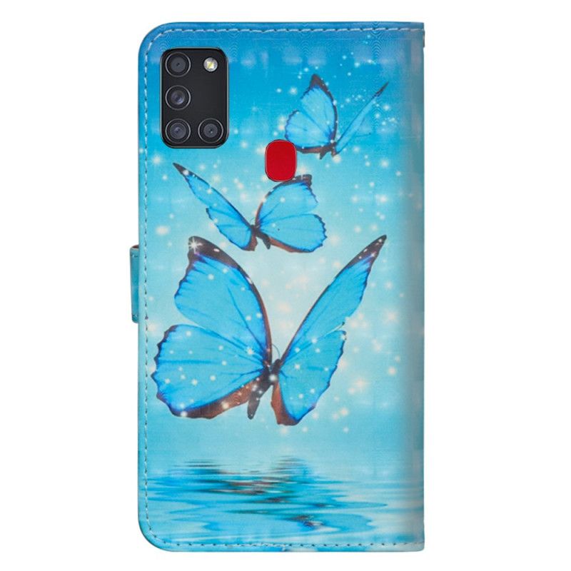 Bescherming Hoesje Samsung Galaxy A21s Telefoonhoesje Vliegende Blauwe Vlinders
