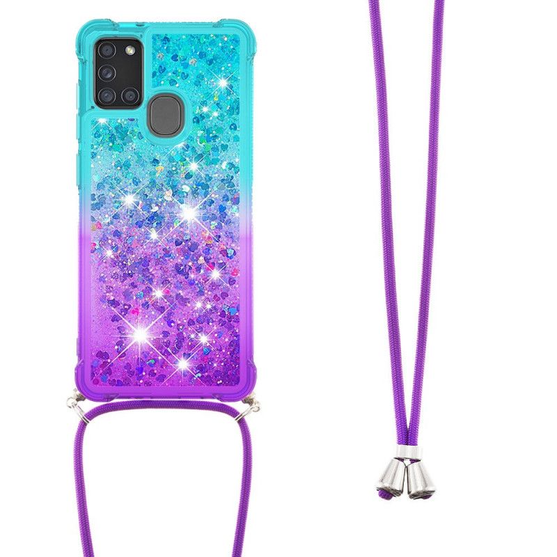 Cover Hoesje Samsung Galaxy A21s Lichtblauw Roze Telefoonhoesje Siliconen Glitter En Koord