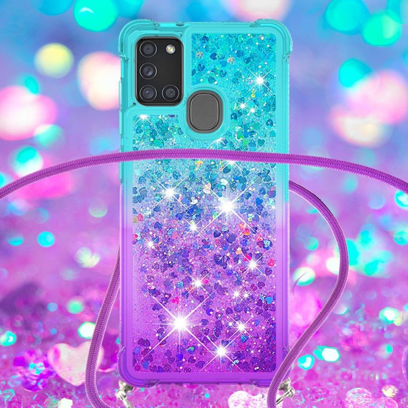 Cover Hoesje Samsung Galaxy A21s Lichtblauw Roze Telefoonhoesje Siliconen Glitter En Koord