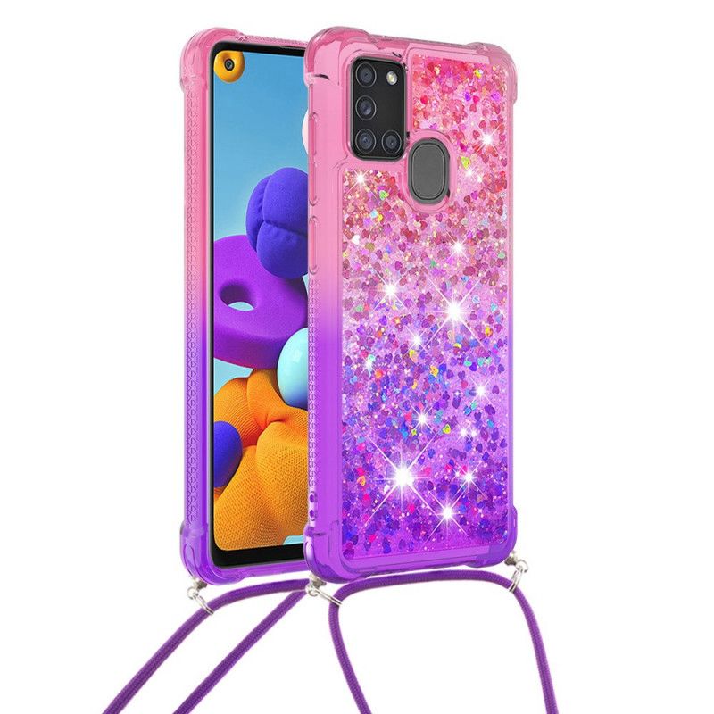 Cover Hoesje Samsung Galaxy A21s Lichtblauw Roze Telefoonhoesje Siliconen Glitter En Koord