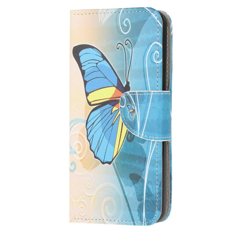 Flip Case Leren Samsung Galaxy A21s Blauwe En Gele Vlinder