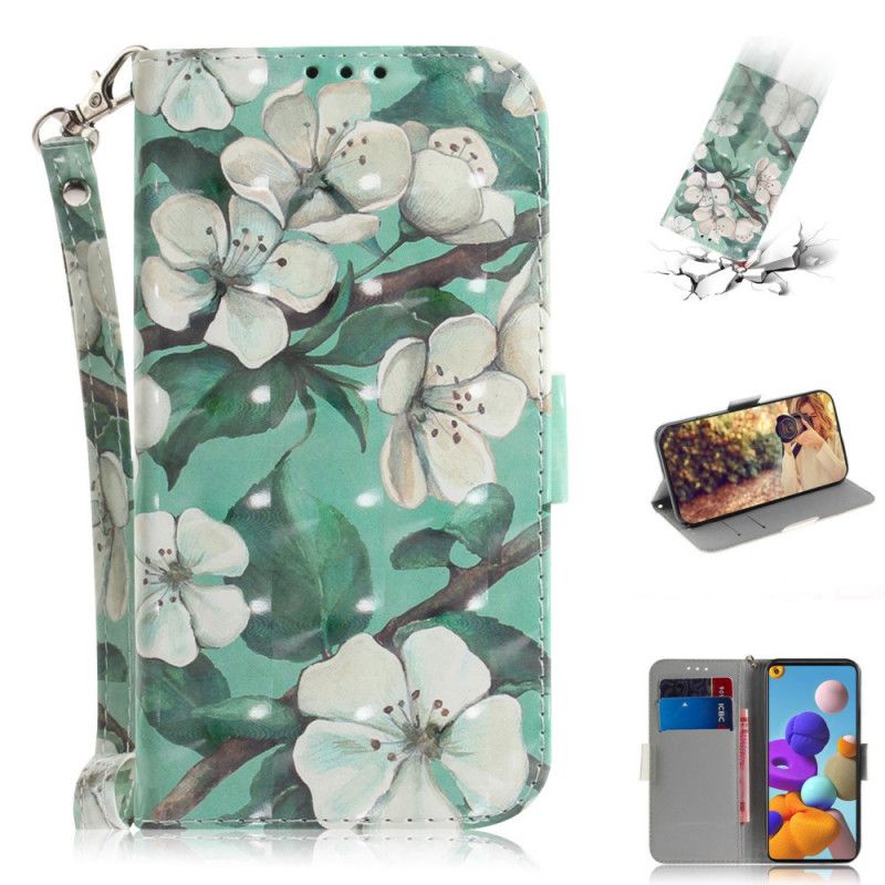 Flip Case Leren Samsung Galaxy A21s Groen Grijs Bloeiende Boom Met String