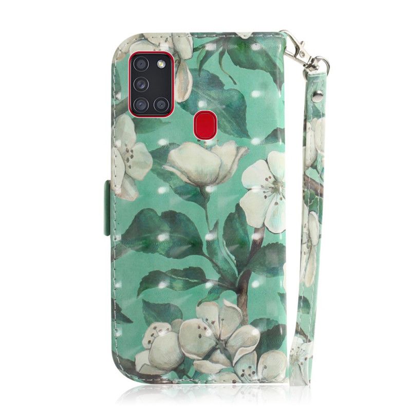 Flip Case Leren Samsung Galaxy A21s Groen Grijs Bloeiende Boom Met String