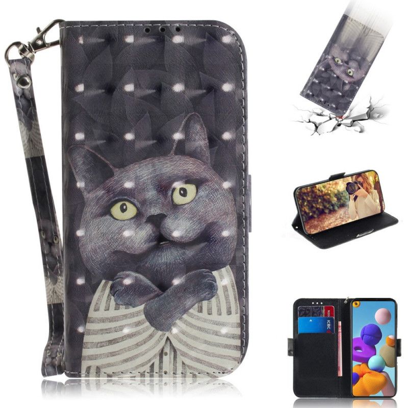Leren Hoesje Samsung Galaxy A21s Grijze Kat Met String