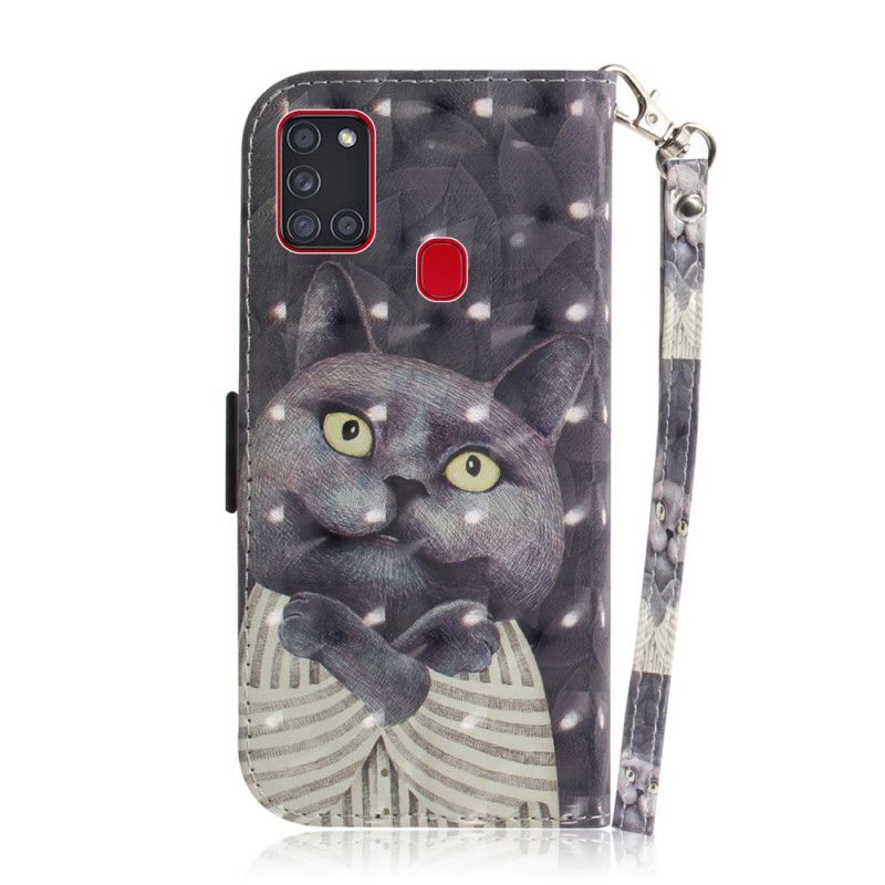 Leren Hoesje Samsung Galaxy A21s Grijze Kat Met String
