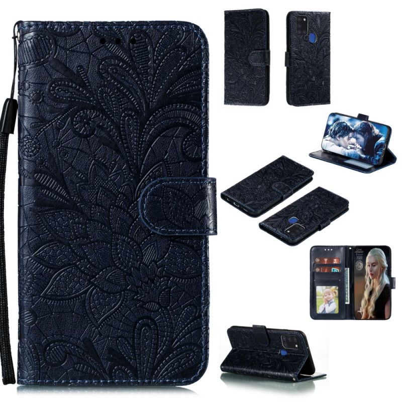 Leren Hoesje voor Samsung Galaxy A21s Donkerblauw Rood Tribal String Bloemen