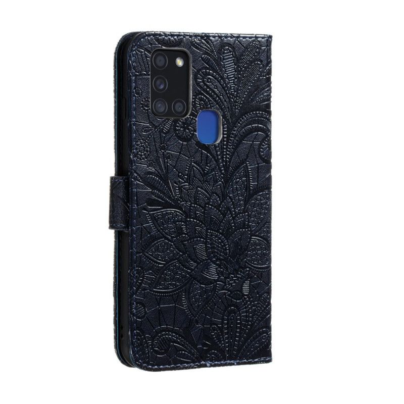 Leren Hoesje voor Samsung Galaxy A21s Donkerblauw Rood Tribal String Bloemen