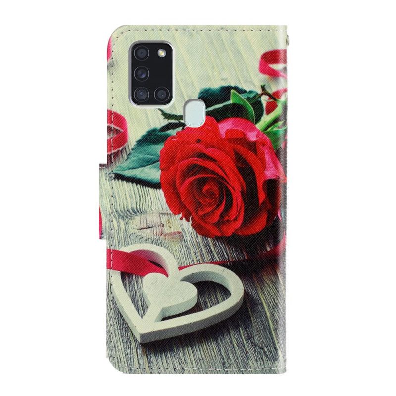 Leren Hoesje voor Samsung Galaxy A21s Grijs Kleurrijke Bloemen Met String