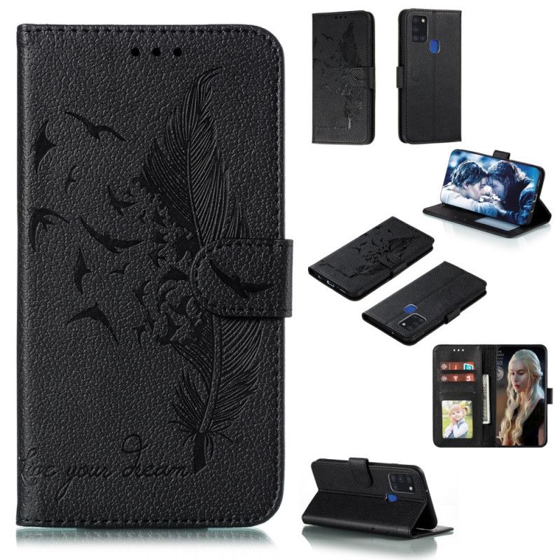 Leren Hoesje voor Samsung Galaxy A21s Grijs Zwart Leef Je Droom Imitatieleer