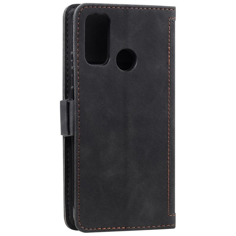 Leren Hoesje voor Samsung Galaxy A21s Grijs Zwart Tweekleurig Kunstleer Met Versterkte Contouren