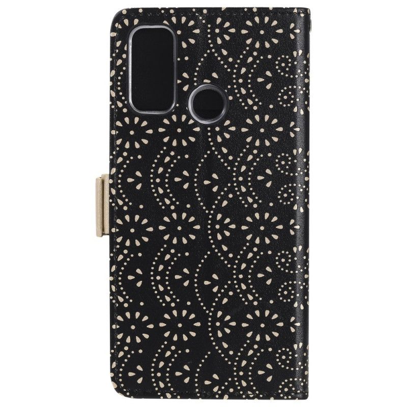 Leren Hoesje voor Samsung Galaxy A21s Magenta Zwart Kanten String Portemonnee