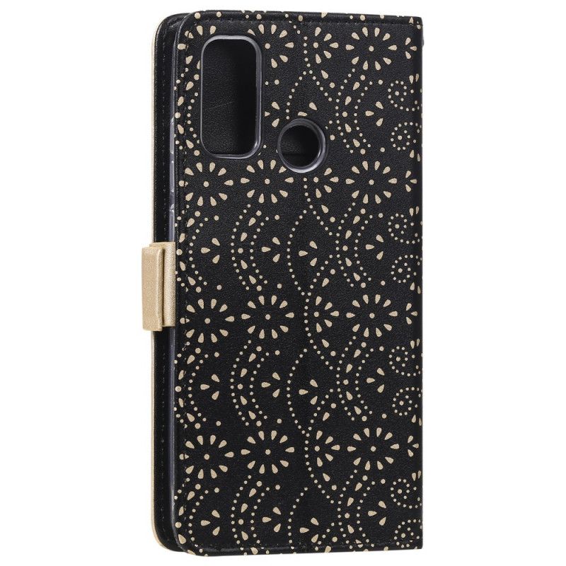 Leren Hoesje voor Samsung Galaxy A21s Magenta Zwart Kanten String Portemonnee