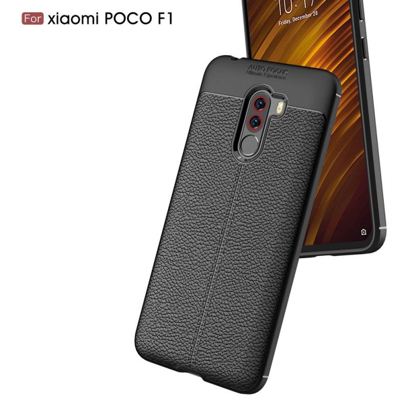 Hoesje Xiaomi Pocophone F1 Grijs Zwart Dubbellijns Lychee Leereffect