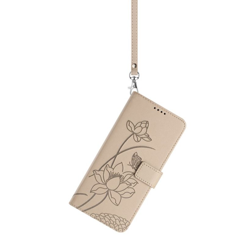 Flip Case Leren Samsung Galaxy S26 Lotuspatroon Met Bandje