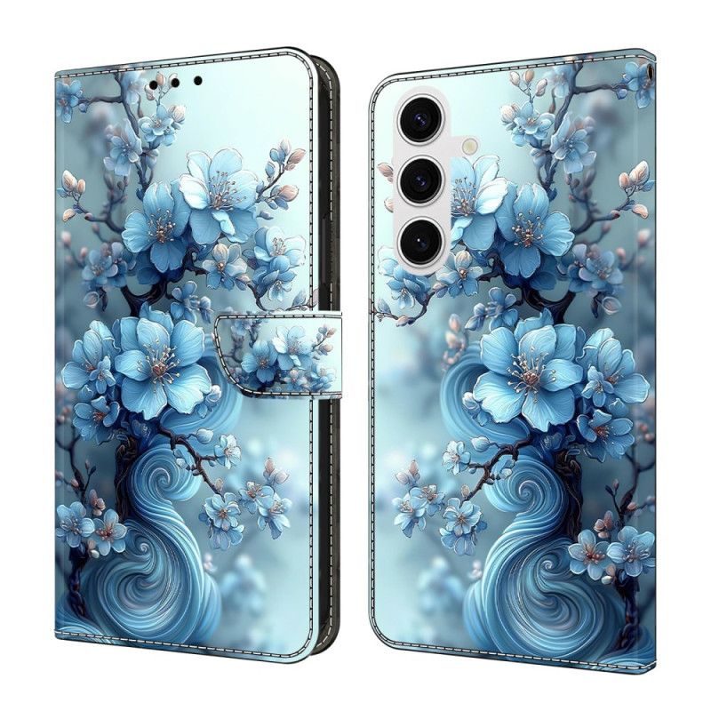 Leren Hoesje Samsung Galaxy S26 Ijsblauwe Bloemen Bescherming Hoesje
