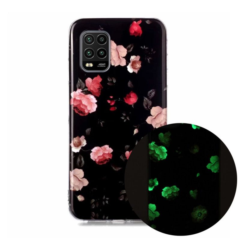 Hoesje Xiaomi Mi 10 Lite Donkerrood Zwart Fluorescerende Bloemen