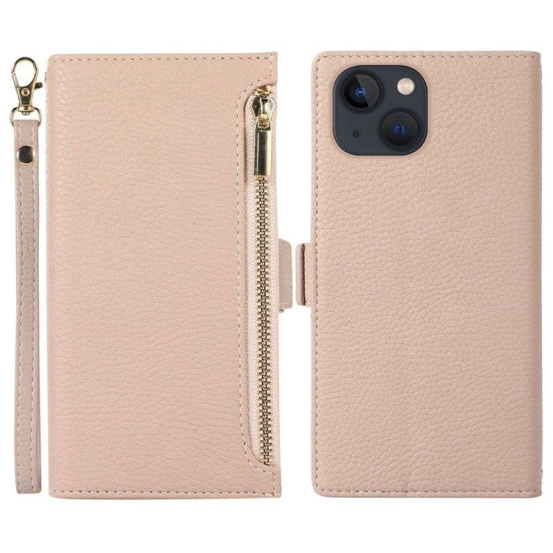 Folio-hoesje voor iPhone 14 Plus Met Ketting Litchi Leer Met Riem En Ritssluiting