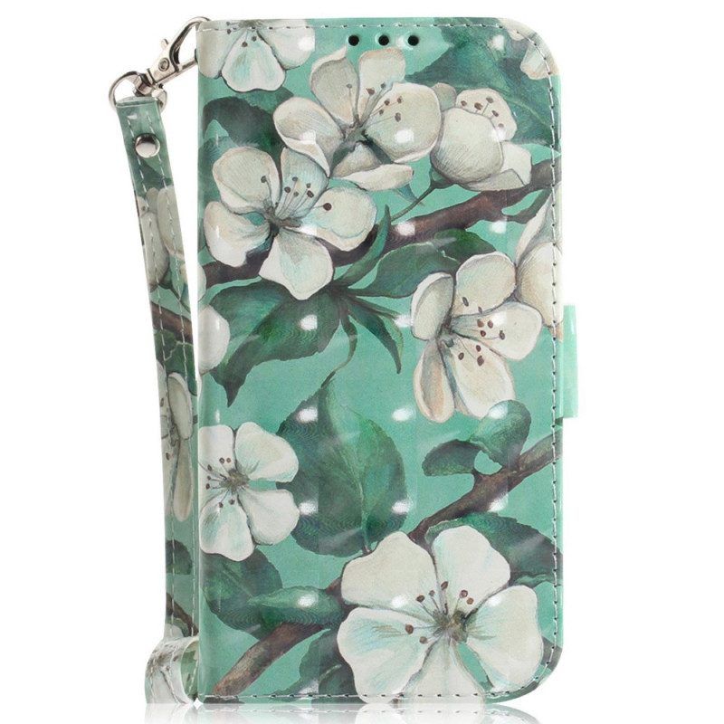 Leren Hoesje voor Xiaomi 12 / 12X Met Ketting Witte Bloemen Met Bandjes