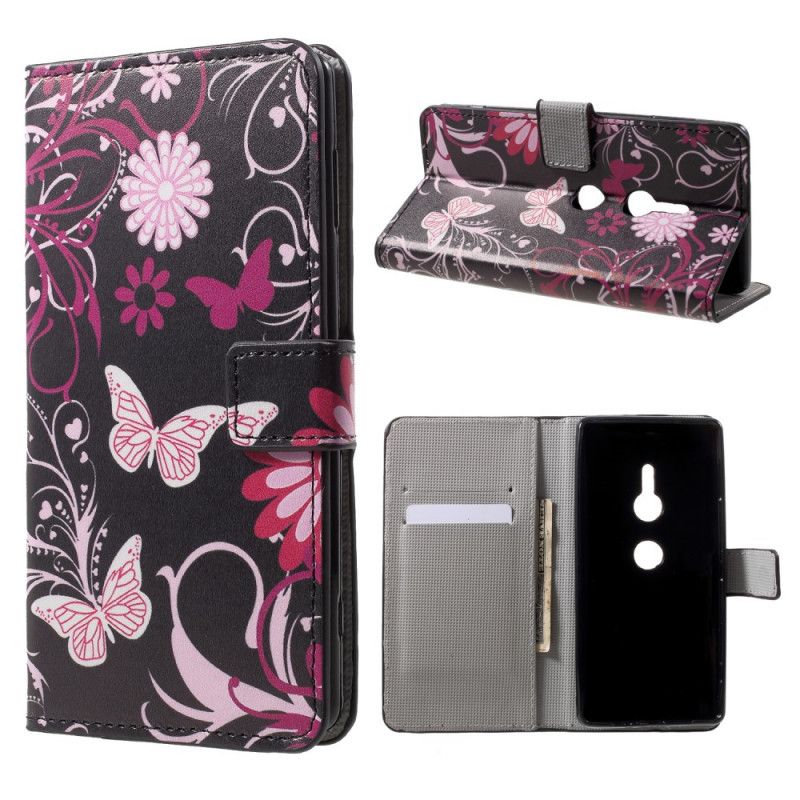 Cover Folio-hoesje Sony Xperia XZ2 Wit Zwart Telefoonhoesje Vlinders En Bloemen