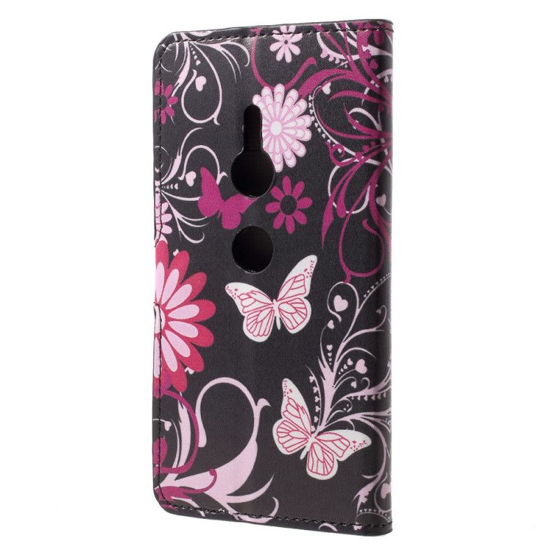 Cover Folio-hoesje Sony Xperia XZ2 Wit Zwart Telefoonhoesje Vlinders En Bloemen