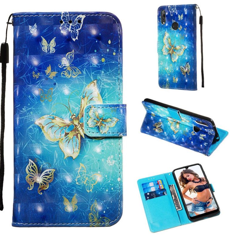 Bescherming Hoesje Huawei Y7 2019 Telefoonhoesje Gouden 3D Effect Vlinders