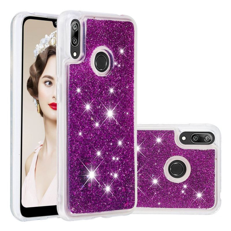 Cover Hoesje Huawei Y7 2019 Paars Lichtblauw Telefoonhoesje Glitterpoeder