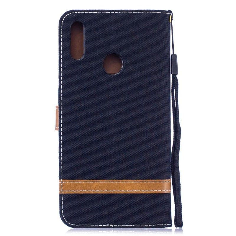 Flip Case Leren Huawei Y7 2019 Grijs Zwart Stof En Leereffect Met String