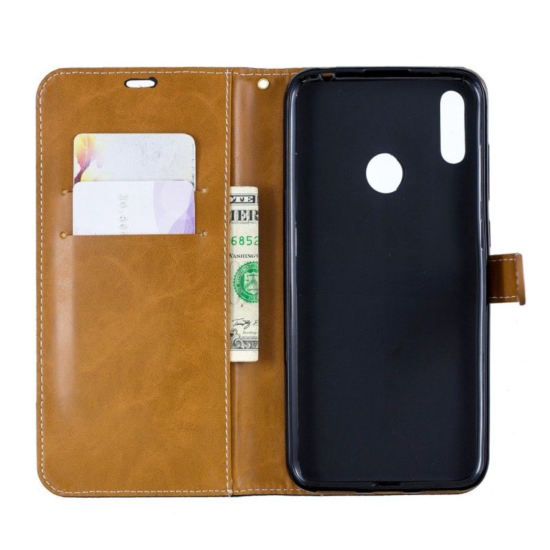 Flip Case Leren Huawei Y7 2019 Grijs Zwart Stof En Leereffect Met String