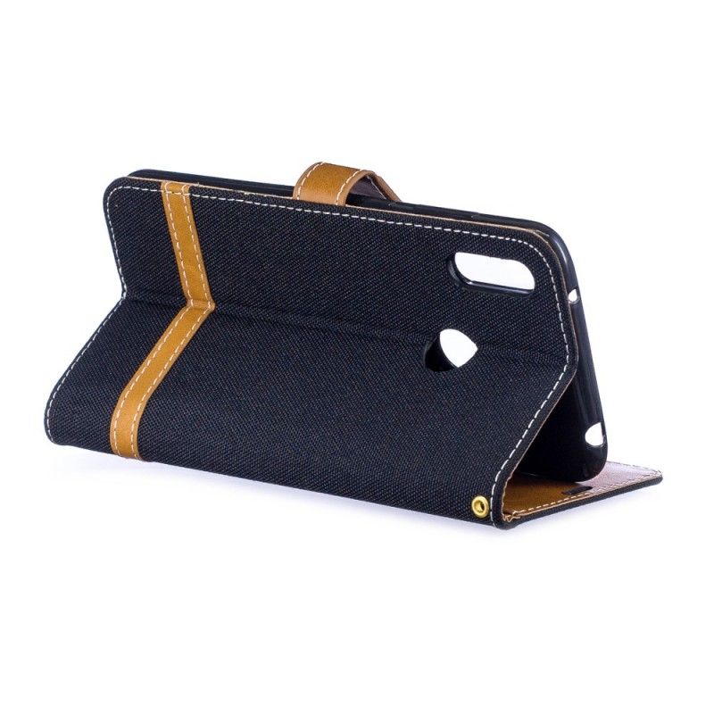 Flip Case Leren Huawei Y7 2019 Grijs Zwart Stof En Leereffect Met String