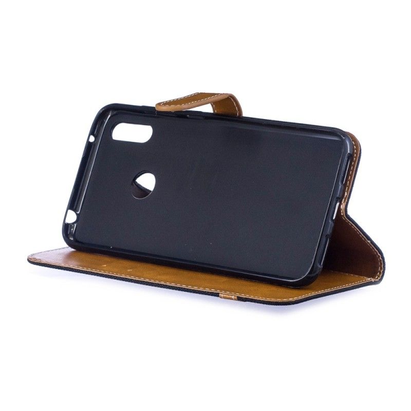 Flip Case Leren Huawei Y7 2019 Grijs Zwart Stof En Leereffect Met String
