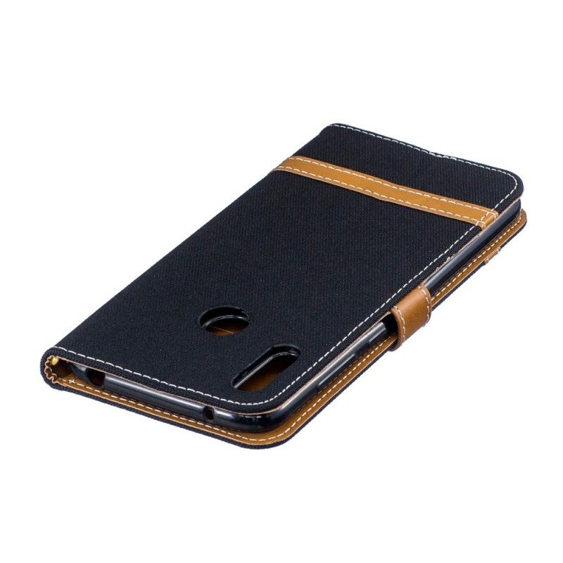 Flip Case Leren Huawei Y7 2019 Grijs Zwart Stof En Leereffect Met String