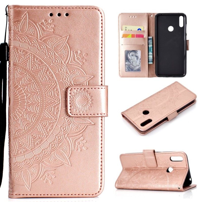 Flip Case Leren Huawei Y7 2019 Magenta Grijs Zon Mandala