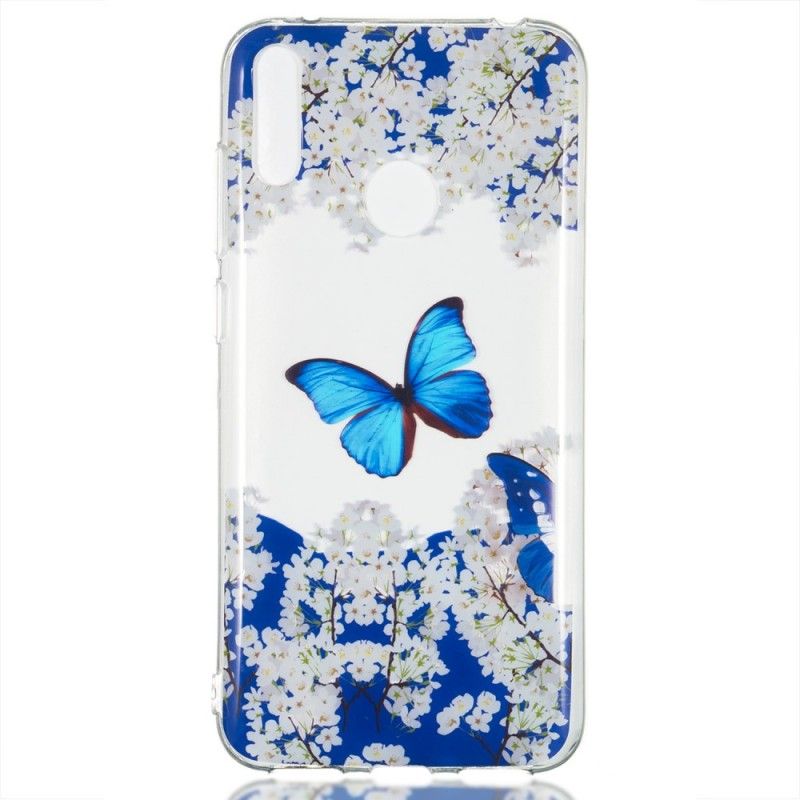 Hoesje Huawei Y7 2019 Blauwe Vlinder En Winterbloemen