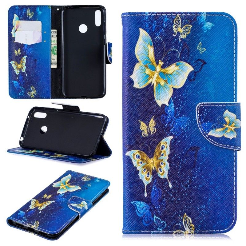 Leren Hoesje Huawei Y7 2019 Lichtblauw Magenta Telefoonhoesje Vlinders In De Nacht