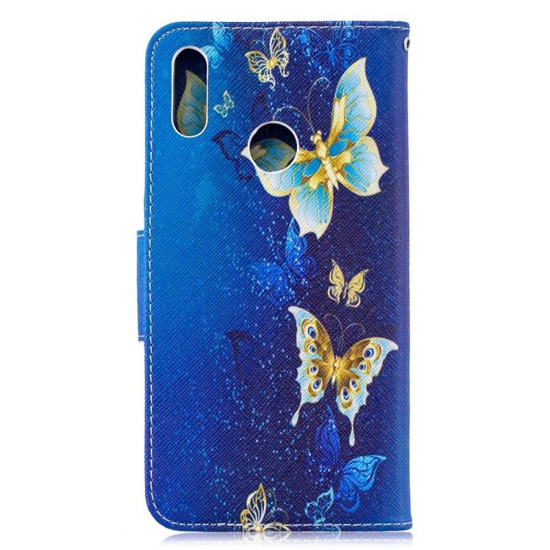 Leren Hoesje Huawei Y7 2019 Lichtblauw Magenta Telefoonhoesje Vlinders In De Nacht