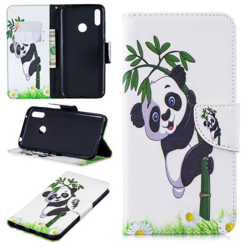 Leren Hoesje Huawei Y7 2019 Telefoonhoesje Panda Op Bamboe