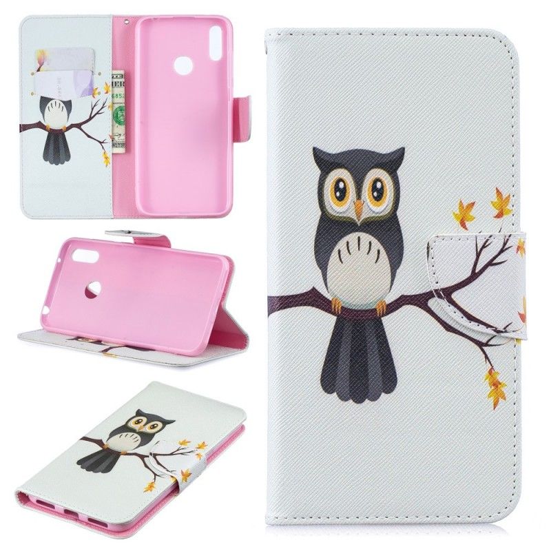 Leren Hoesje voor Huawei Y7 2019 Uil Neergestreken Op De Tak