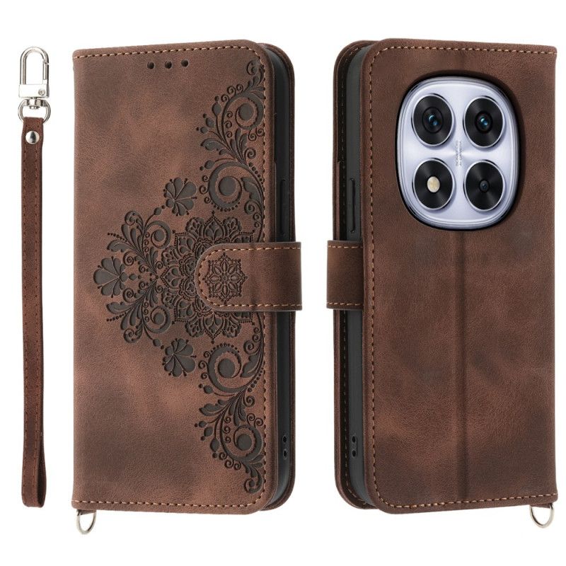 Leren Hoesje Voor Xiaomi Redmi Note 14 Pro 5g Kantpatroon Met Bandje En Schouderband