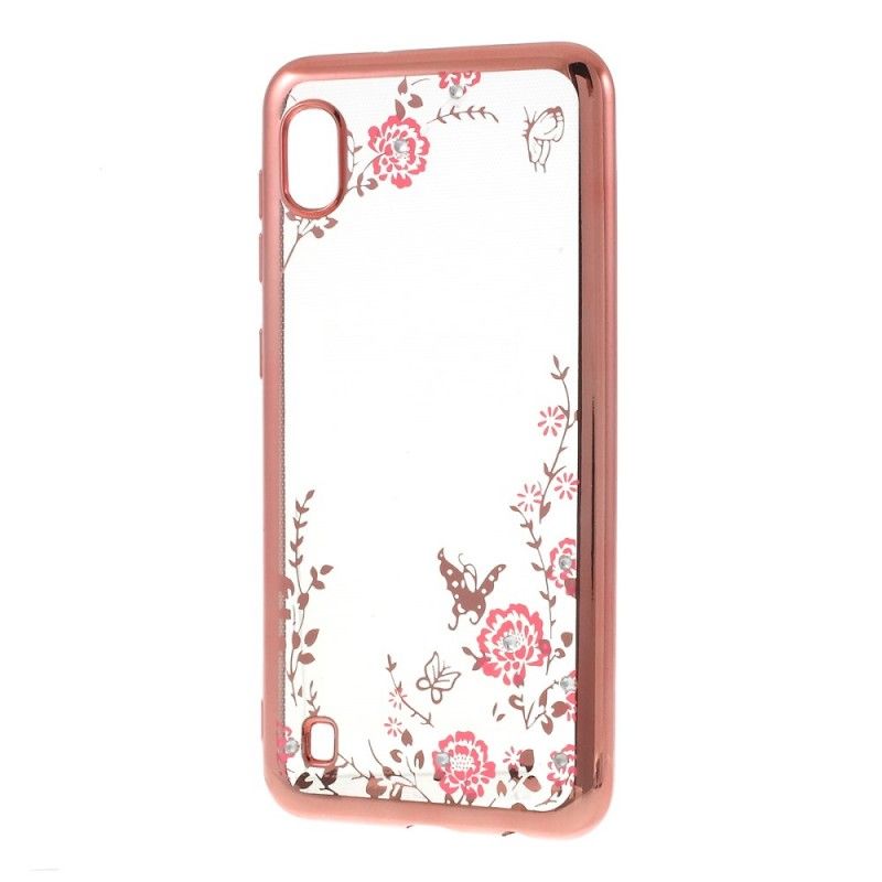 Hoesje Samsung Galaxy A10 Rose Goud Goud Bloem- En Vlinderdiamanten