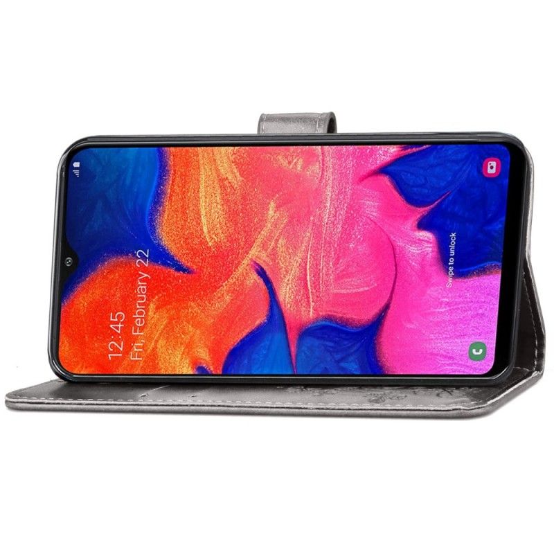 Leren Hoesje Samsung Galaxy A10 Grijs Zwart Bloemenprint