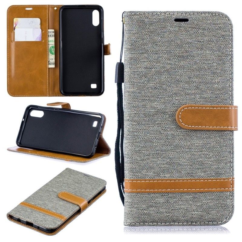 Leren Hoesje voor Samsung Galaxy A10 Grijs Zwart Stof En Leereffect Met String