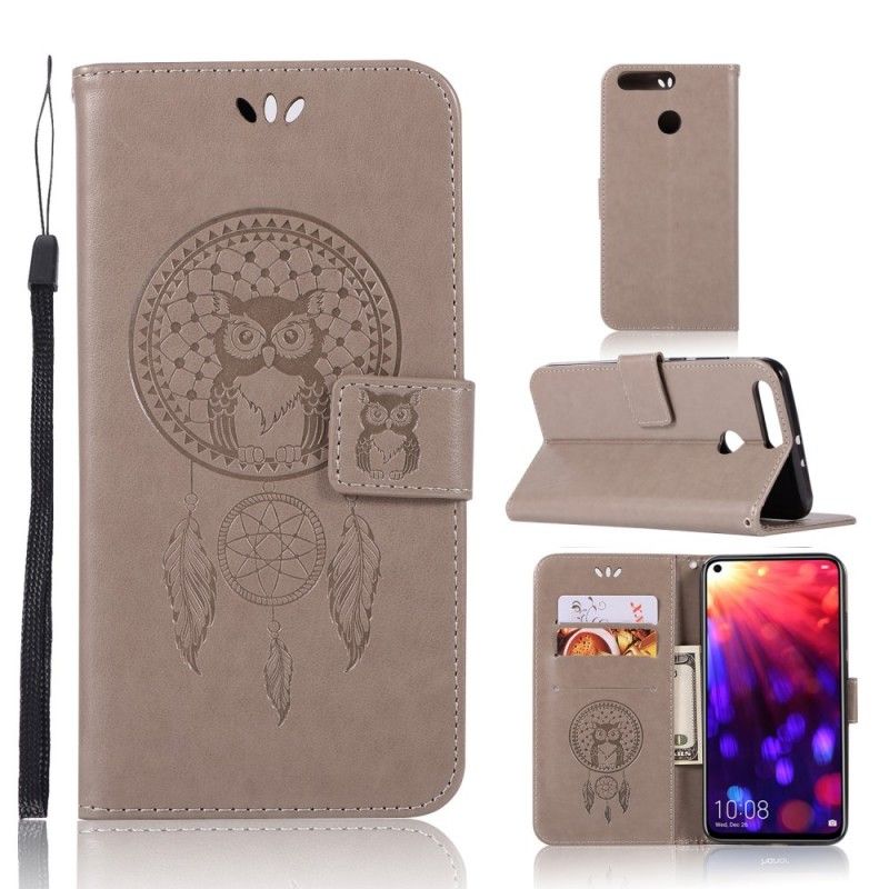 Flip Case Leren Honor View 20 Roségoud Zwart Uil Dromenvanger Met Leereffect