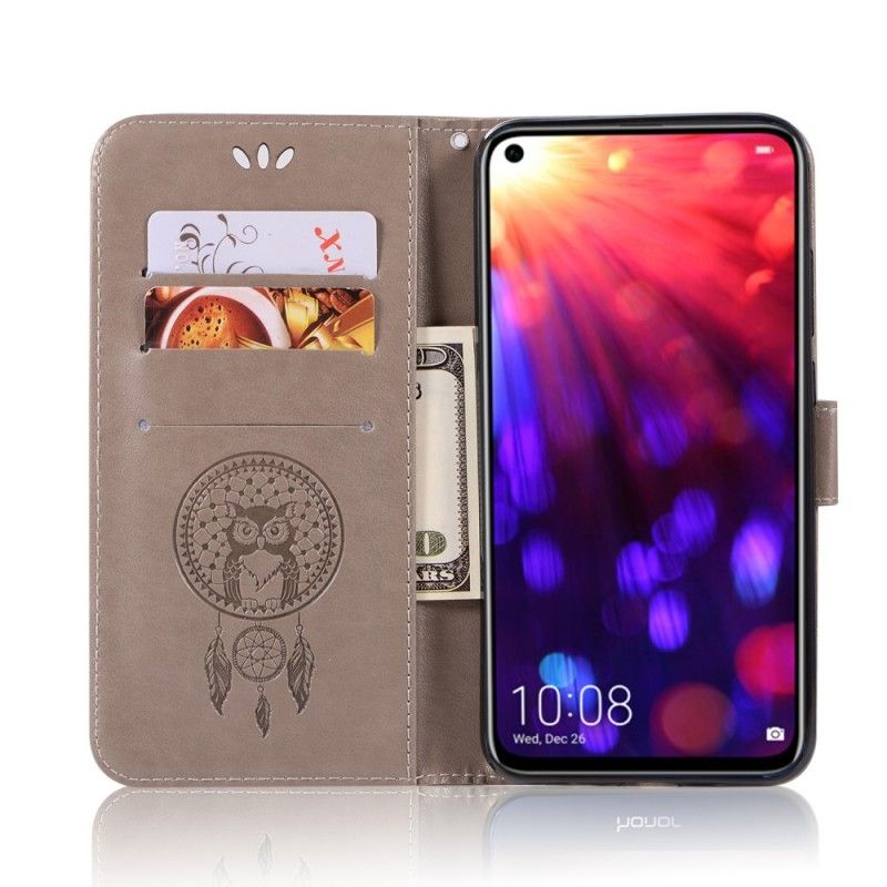 Flip Case Leren Honor View 20 Roségoud Zwart Uil Dromenvanger Met Leereffect