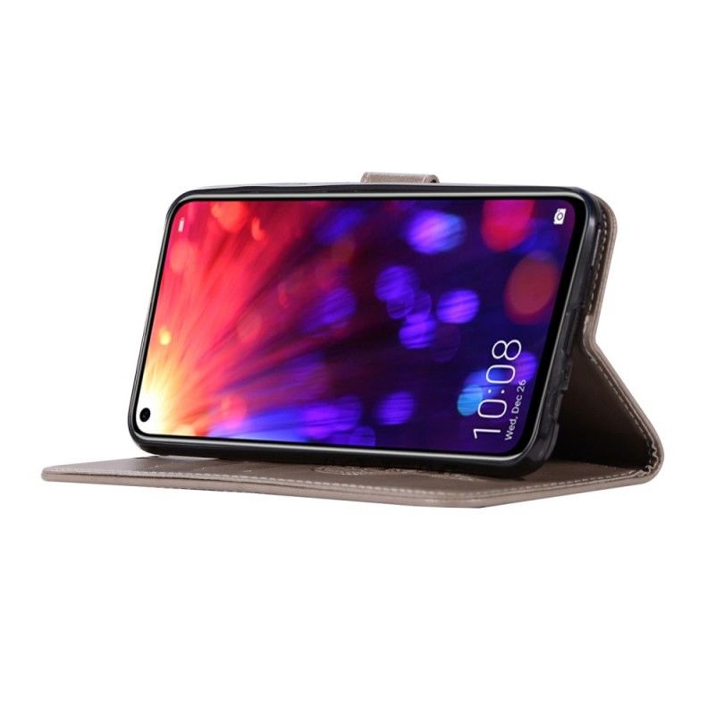 Flip Case Leren Honor View 20 Roségoud Zwart Uil Dromenvanger Met Leereffect