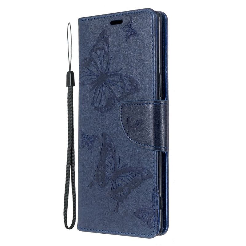 Leren Hoesje Sony Xperia 5 Donkerblauw Magenta Telefoonhoesje Bedrukte Vlinders Met String