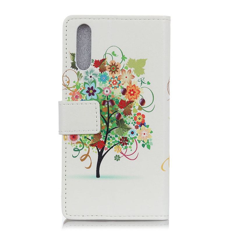 Leren Hoesje Sony Xperia 5 Groen Oranje Bloeiende Boom