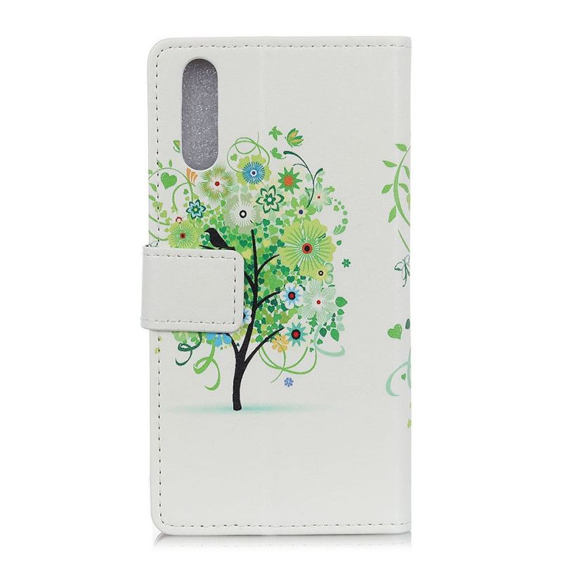 Leren Hoesje Sony Xperia 5 Groen Oranje Bloeiende Boom
