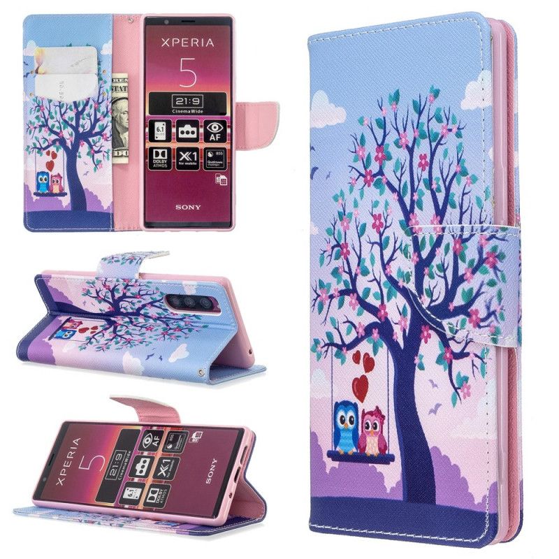 Leren Hoesje Sony Xperia 5 Telefoonhoesje Uilen Op De Schommel