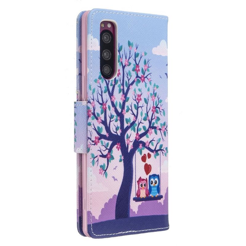 Leren Hoesje Sony Xperia 5 Telefoonhoesje Uilen Op De Schommel