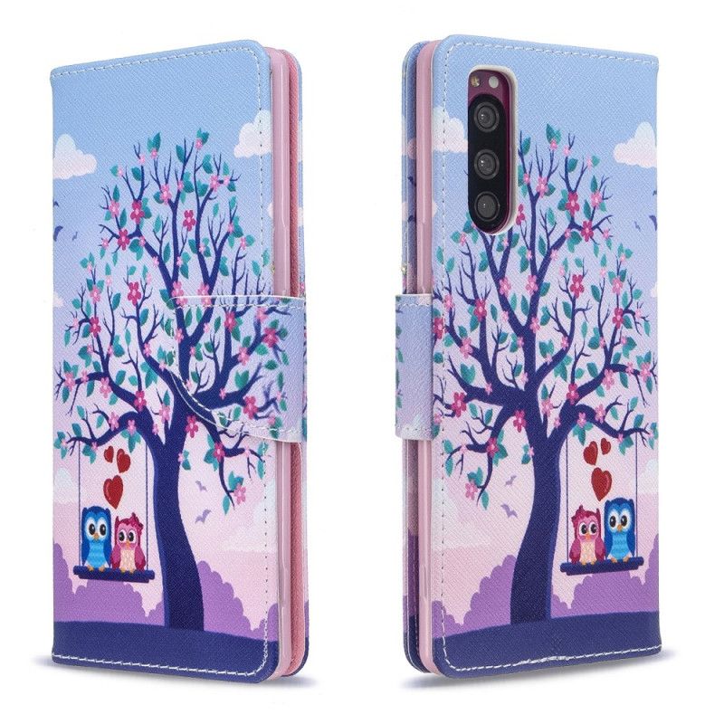 Leren Hoesje Sony Xperia 5 Telefoonhoesje Uilen Op De Schommel